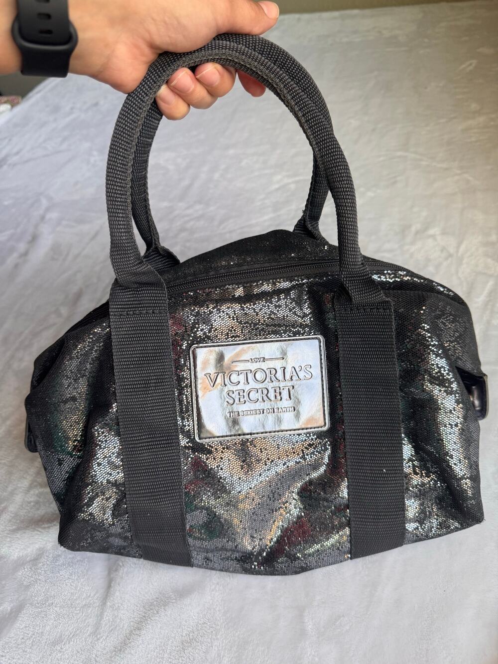 Victoria's Secret Black Metallic Silver Glitter Duffel Bag Mini Tote Barrel Y2K